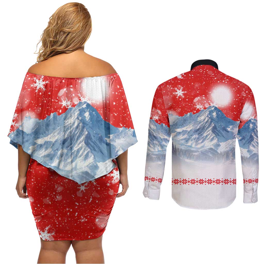 German Shepherd Christmas Couples Matching Off Shoulder Short Dress and Long Sleeve Button Shirt with Santa Sleigh Ride and Snowy Mountain Design - Wonder Print Shop