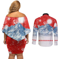 German Shepherd Christmas Couples Matching Off Shoulder Short Dress and Long Sleeve Button Shirt with Santa Sleigh Ride and Snowy Mountain Design - Wonder Print Shop