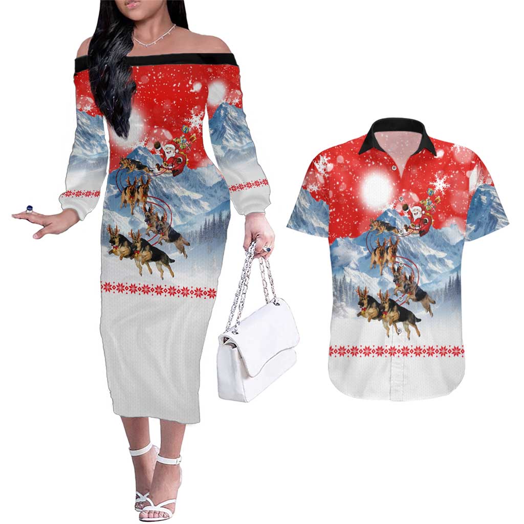 German Shepherd Christmas Couples Matching Off The Shoulder Long Sleeve Dress and Hawaiian Shirt with Santa Sleigh Ride and Snowy Mountain Design - Wonder Print Shop