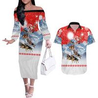 German Shepherd Christmas Couples Matching Off The Shoulder Long Sleeve Dress and Hawaiian Shirt with Santa Sleigh Ride and Snowy Mountain Design - Wonder Print Shop