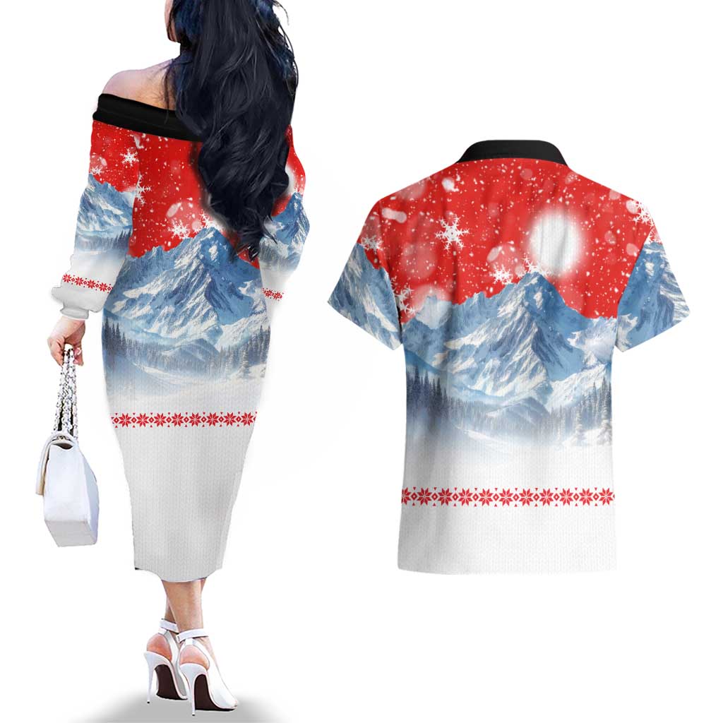German Shepherd Christmas Couples Matching Off The Shoulder Long Sleeve Dress and Hawaiian Shirt with Santa Sleigh Ride and Snowy Mountain Design - Wonder Print Shop