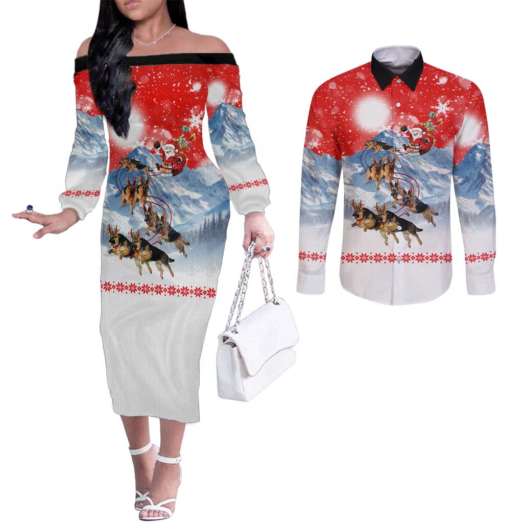 German Shepherd Christmas Couples Matching Off The Shoulder Long Sleeve Dress and Long Sleeve Button Shirt with Santa Sleigh Ride and Snowy Mountain Design - Wonder Print Shop