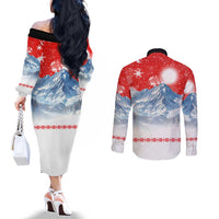 German Shepherd Christmas Couples Matching Off The Shoulder Long Sleeve Dress and Long Sleeve Button Shirt with Santa Sleigh Ride and Snowy Mountain Design - Wonder Print Shop