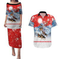German Shepherd Christmas Couples Matching Puletasi and Hawaiian Shirt with Santa Sleigh Ride and Snowy Mountain Design - Wonder Print Shop