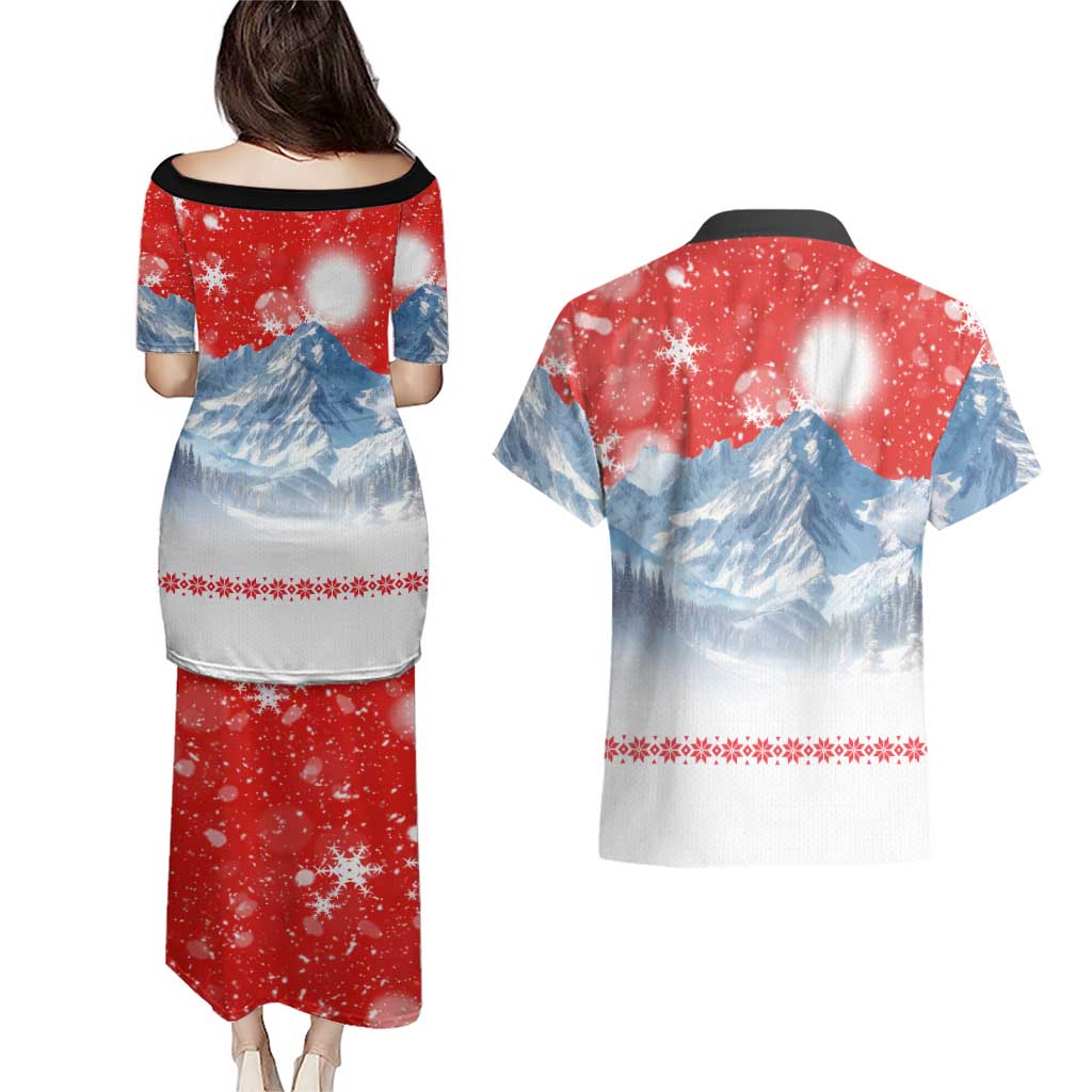 German Shepherd Christmas Couples Matching Puletasi and Hawaiian Shirt with Santa Sleigh Ride and Snowy Mountain Design - Wonder Print Shop