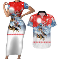 German Shepherd Christmas Couples Matching Short Sleeve Bodycon Dress and Hawaiian Shirt with Santa Sleigh Ride and Snowy Mountain Design - Wonder Print Shop