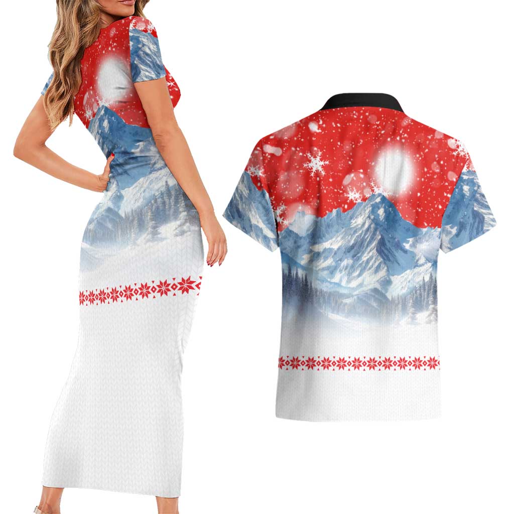 German Shepherd Christmas Couples Matching Short Sleeve Bodycon Dress and Hawaiian Shirt with Santa Sleigh Ride and Snowy Mountain Design - Wonder Print Shop