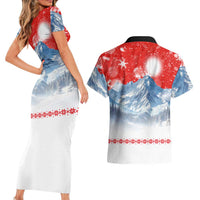 German Shepherd Christmas Couples Matching Short Sleeve Bodycon Dress and Hawaiian Shirt with Santa Sleigh Ride and Snowy Mountain Design - Wonder Print Shop