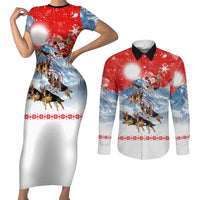 German Shepherd Christmas Couples Matching Short Sleeve Bodycon Dress and Long Sleeve Button Shirt with Santa Sleigh Ride and Snowy Mountain Design - Wonder Print Shop