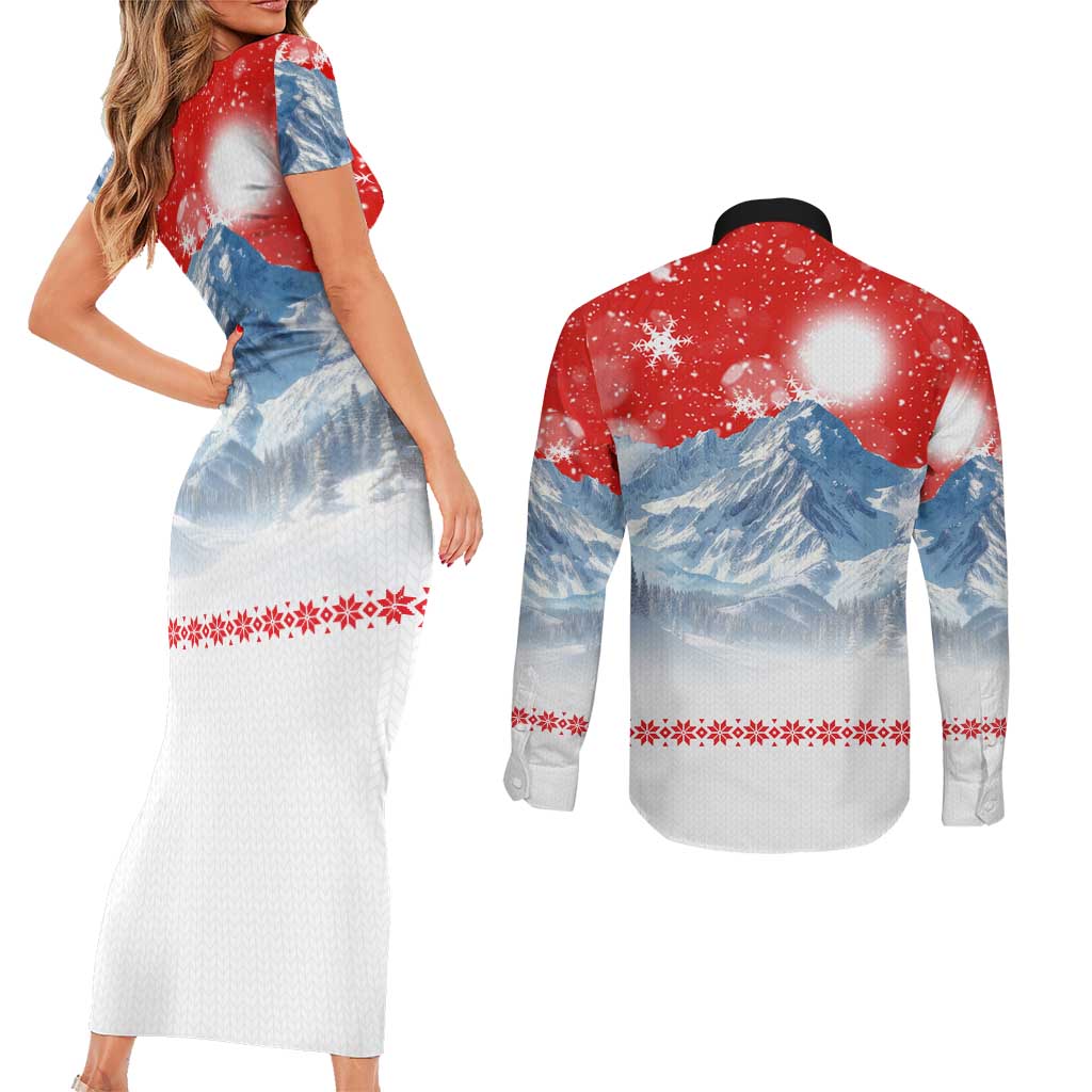 German Shepherd Christmas Couples Matching Short Sleeve Bodycon Dress and Long Sleeve Button Shirt with Santa Sleigh Ride and Snowy Mountain Design - Wonder Print Shop