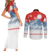 German Shepherd Christmas Couples Matching Short Sleeve Bodycon Dress and Long Sleeve Button Shirt with Santa Sleigh Ride and Snowy Mountain Design - Wonder Print Shop