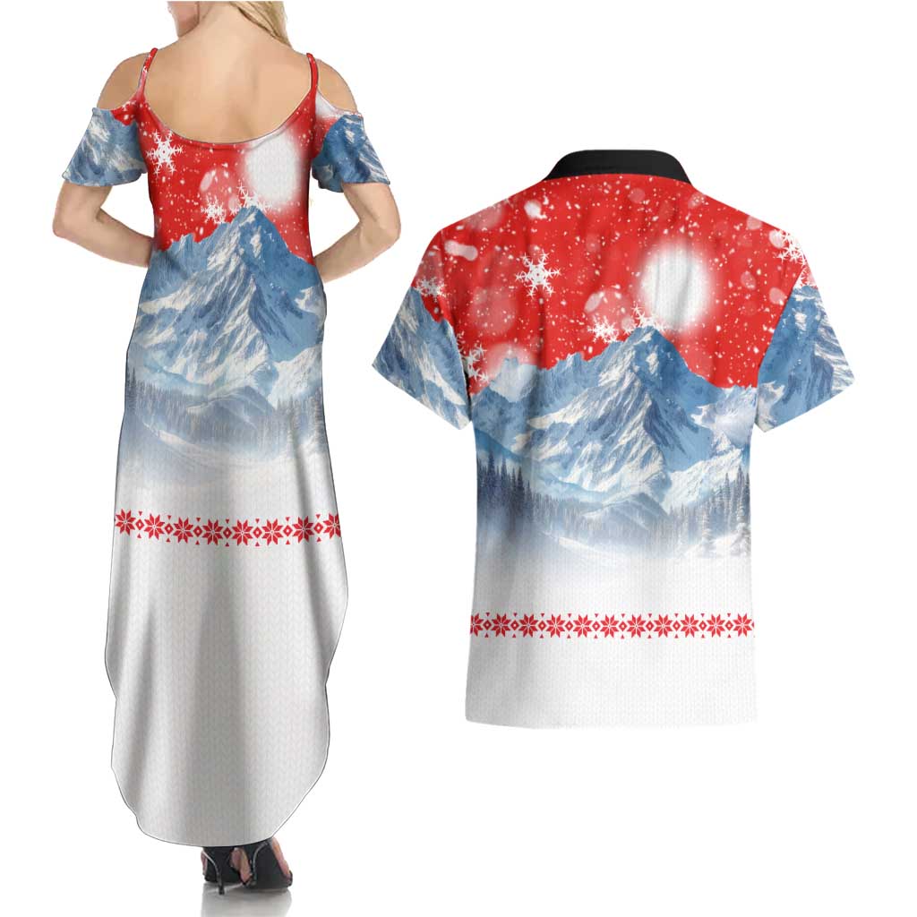 German Shepherd Christmas Couples Matching Summer Maxi Dress and Hawaiian Shirt with Santa Sleigh Ride and Snowy Mountain Design - Wonder Print Shop