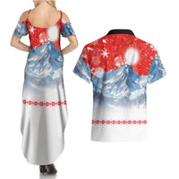 German Shepherd Christmas Couples Matching Summer Maxi Dress and Hawaiian Shirt with Santa Sleigh Ride and Snowy Mountain Design - Wonder Print Shop