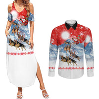 German Shepherd Christmas Couples Matching Summer Maxi Dress and Long Sleeve Button Shirt with Santa Sleigh Ride and Snowy Mountain Design - Wonder Print Shop