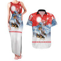German Shepherd Christmas Couples Matching Tank Maxi Dress and Hawaiian Shirt with Santa Sleigh Ride and Snowy Mountain Design - Wonder Print Shop