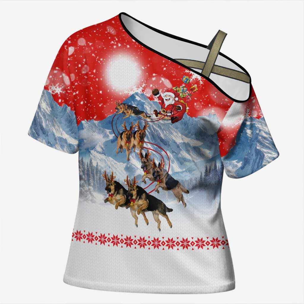 German Shepherd Christmas Cross Shoulder Shirt with Santa Sleigh Ride and Snowy Mountain Design - Wonder Print Shop