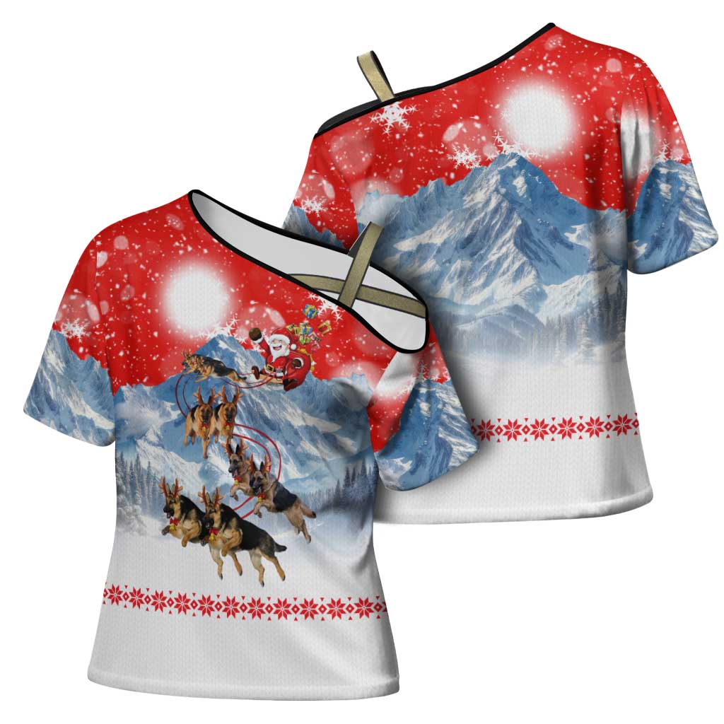 German Shepherd Christmas Cross Shoulder Shirt with Santa Sleigh Ride and Snowy Mountain Design - Wonder Print Shop