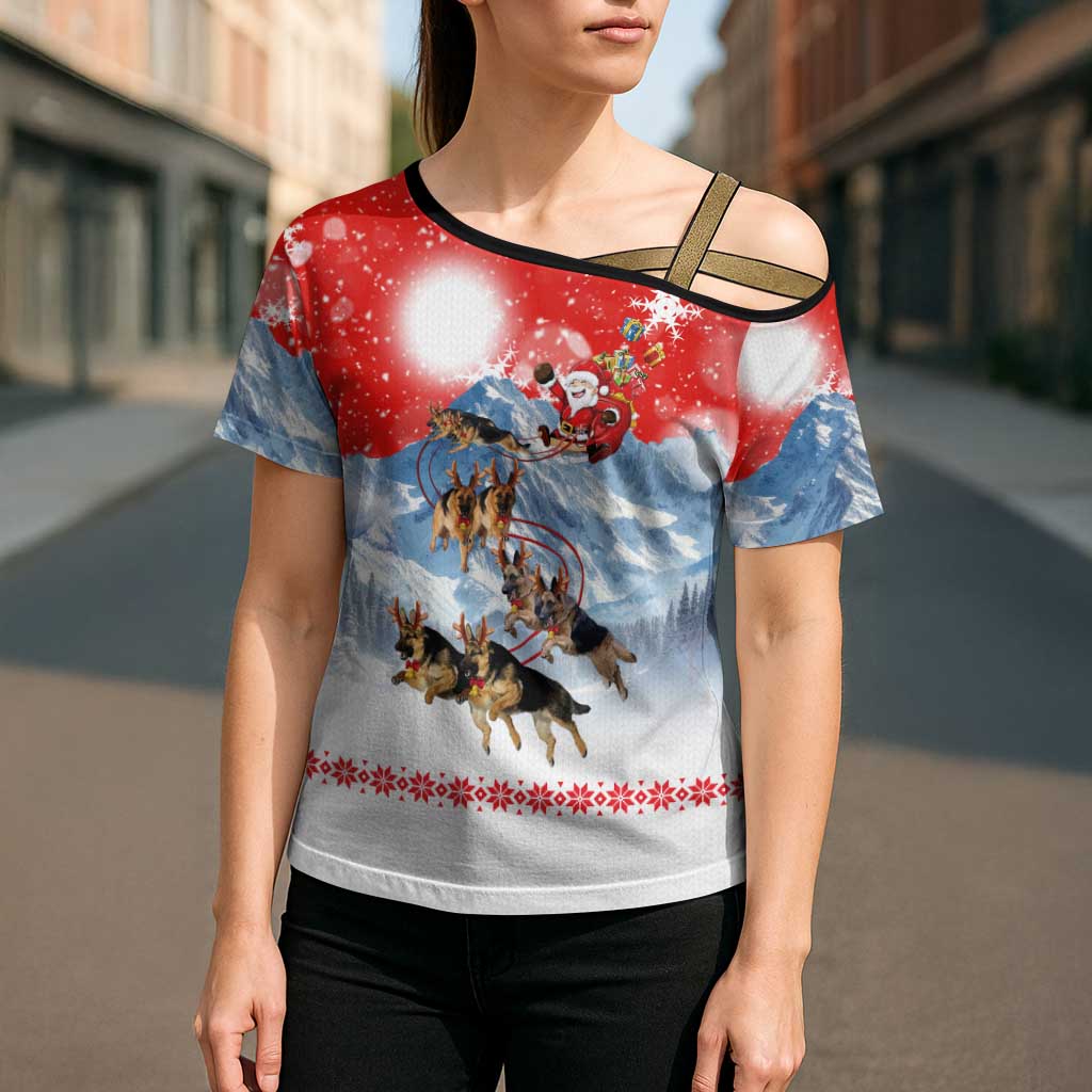 German Shepherd Christmas Cross Shoulder Shirt with Santa Sleigh Ride and Snowy Mountain Design - Wonder Print Shop