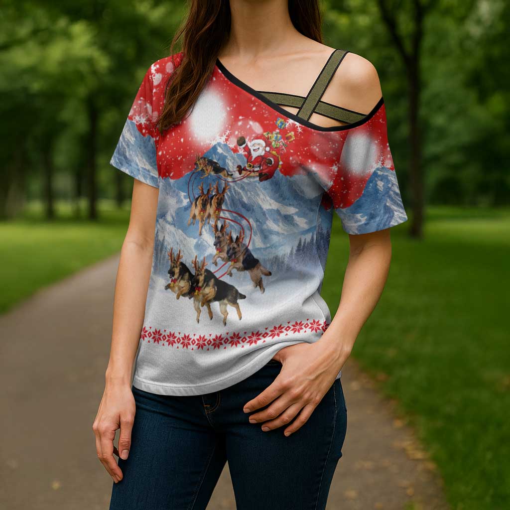 German Shepherd Christmas Cross Shoulder Shirt with Santa Sleigh Ride and Snowy Mountain Design - Wonder Print Shop