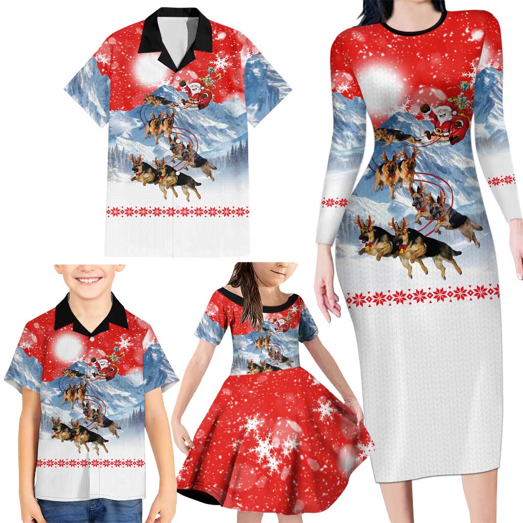 German Shepherd Christmas Family Matching Long Sleeve Bodycon Dress and Hawaiian Shirt with Santa Sleigh Ride and Snowy Mountain Design - Wonder Print Shop