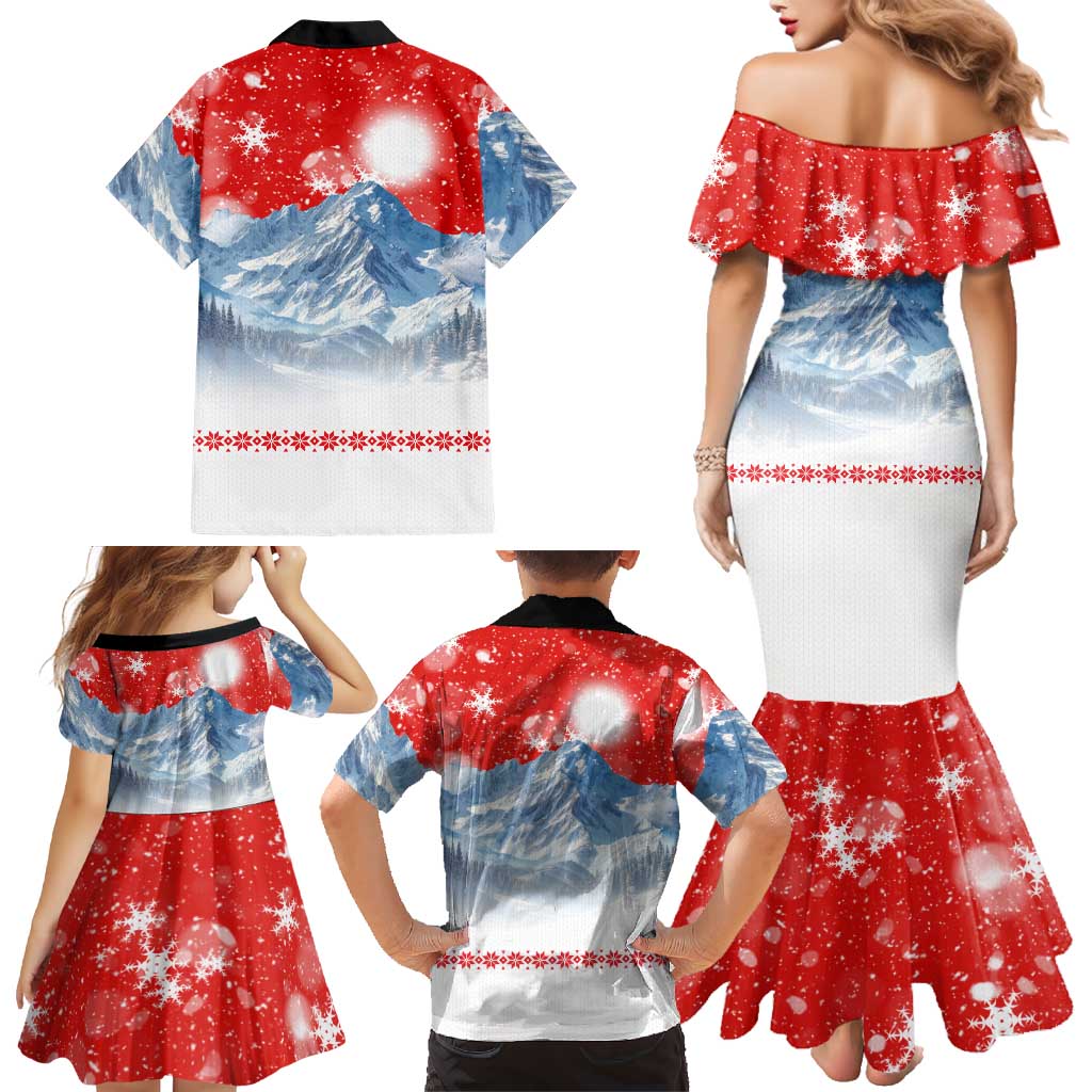 German Shepherd Christmas Family Matching Mermaid Dress and Hawaiian Shirt with Santa Sleigh Ride and Snowy Mountain Design - Wonder Print Shop