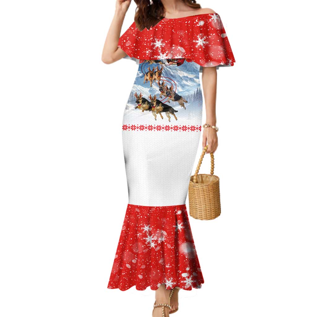 German Shepherd Christmas Family Matching Mermaid Dress and Hawaiian Shirt with Santa Sleigh Ride and Snowy Mountain Design - Wonder Print Shop