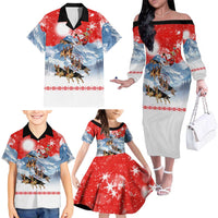 German Shepherd Christmas Family Matching Off The Shoulder Long Sleeve Dress and Hawaiian Shirt with Santa Sleigh Ride and Snowy Mountain Design - Wonder Print Shop
