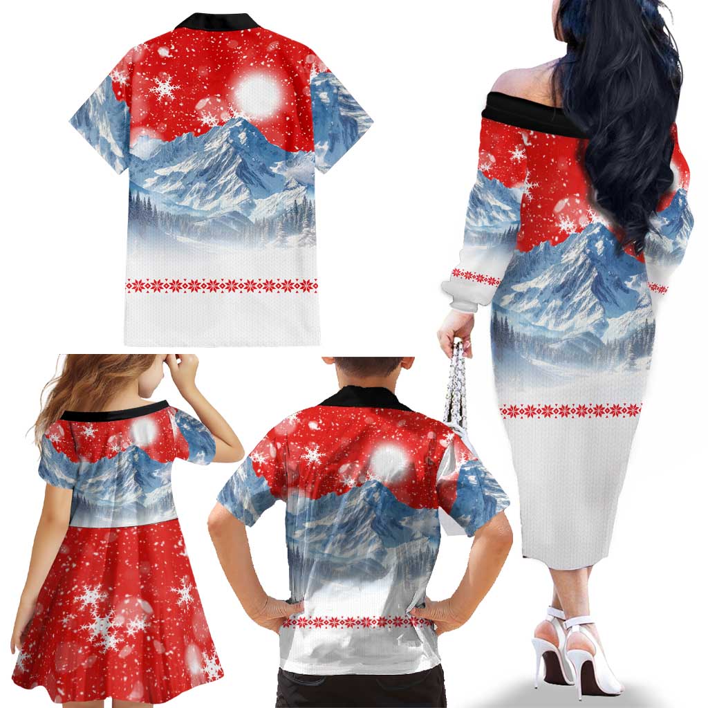 German Shepherd Christmas Family Matching Off The Shoulder Long Sleeve Dress and Hawaiian Shirt with Santa Sleigh Ride and Snowy Mountain Design - Wonder Print Shop