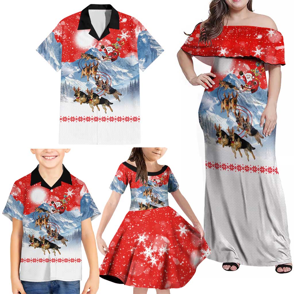 German Shepherd Christmas Family Matching Off Shoulder Maxi Dress and Hawaiian Shirt with Santa Sleigh Ride and Snowy Mountain Design - Wonder Print Shop