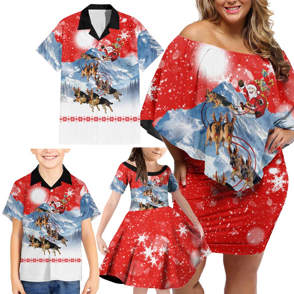 German Shepherd Christmas Family Matching Off Shoulder Short Dress and Hawaiian Shirt with Santa Sleigh Ride and Snowy Mountain Design - Wonder Print Shop