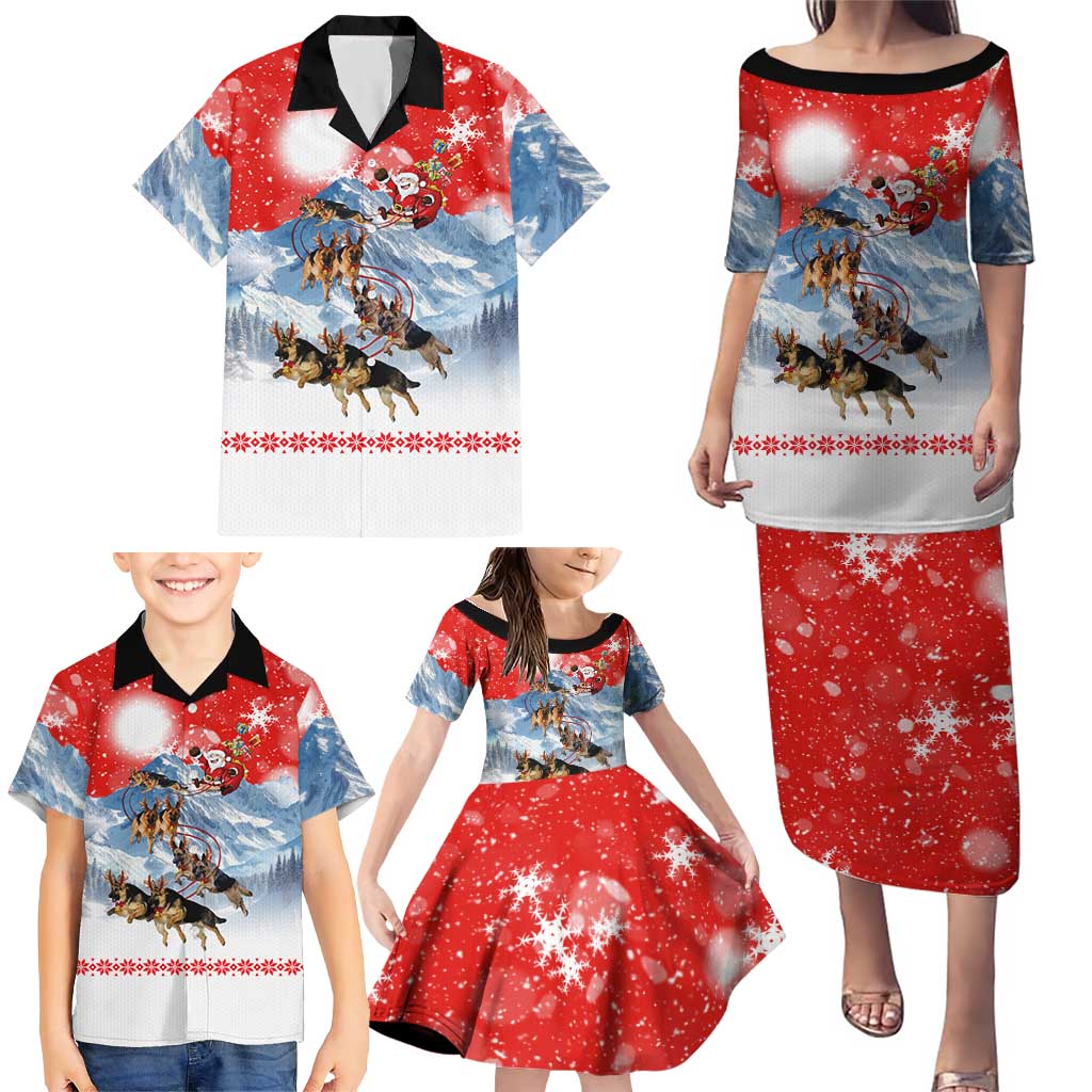 German Shepherd Christmas Family Matching Puletasi and Hawaiian Shirt with Santa Sleigh Ride and Snowy Mountain Design - Wonder Print Shop