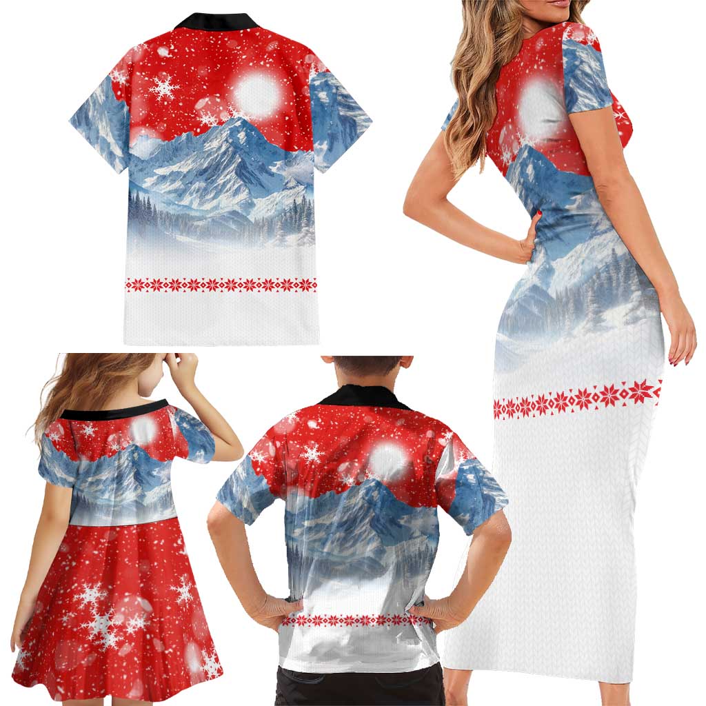 German Shepherd Christmas Family Matching Short Sleeve Bodycon Dress and Hawaiian Shirt with Santa Sleigh Ride and Snowy Mountain Design - Wonder Print Shop