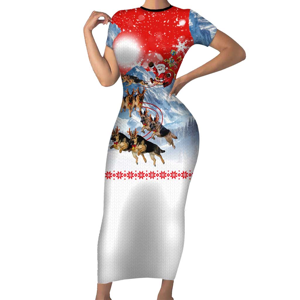 German Shepherd Christmas Family Matching Short Sleeve Bodycon Dress and Hawaiian Shirt with Santa Sleigh Ride and Snowy Mountain Design - Wonder Print Shop