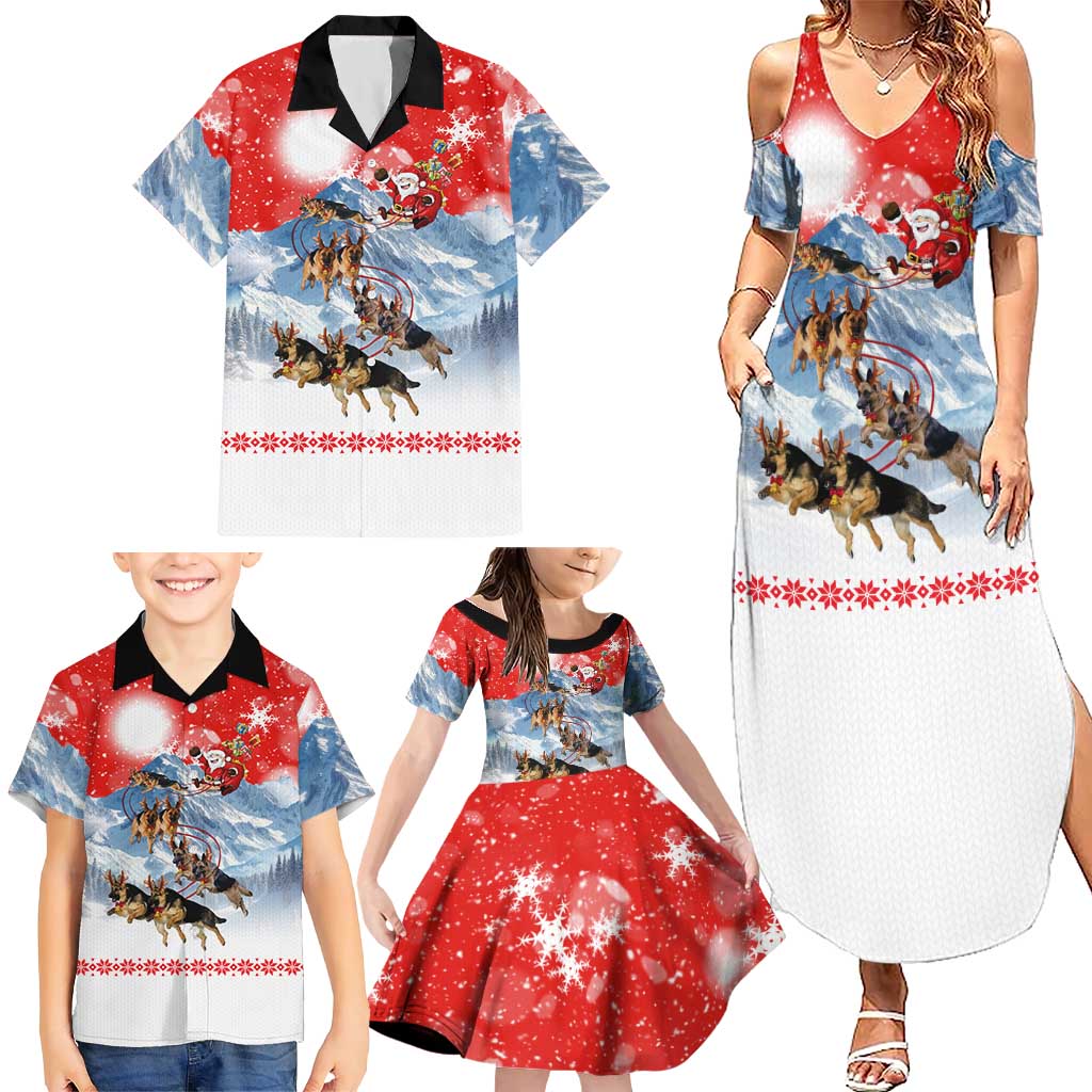 German Shepherd Christmas Family Matching Summer Maxi Dress and Hawaiian Shirt with Santa Sleigh Ride and Snowy Mountain Design - Wonder Print Shop