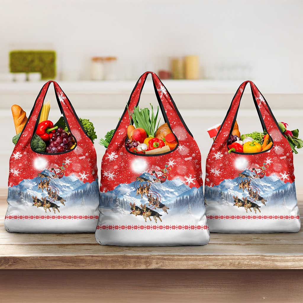 German Shepherd Christmas Grocery Bag with Santa Sleigh Ride and Snowy Mountain Design - Wonder Print Shop