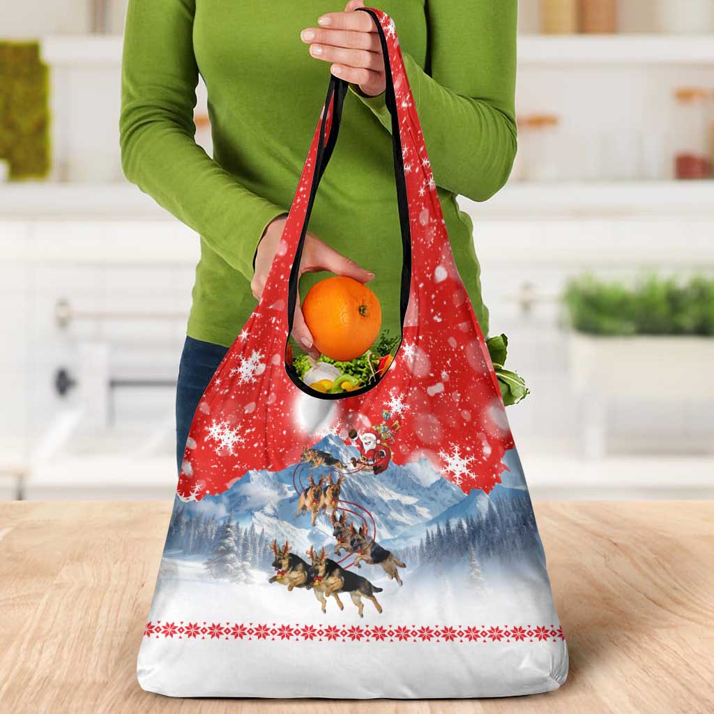 German Shepherd Christmas Grocery Bag with Santa Sleigh Ride and Snowy Mountain Design - Wonder Print Shop