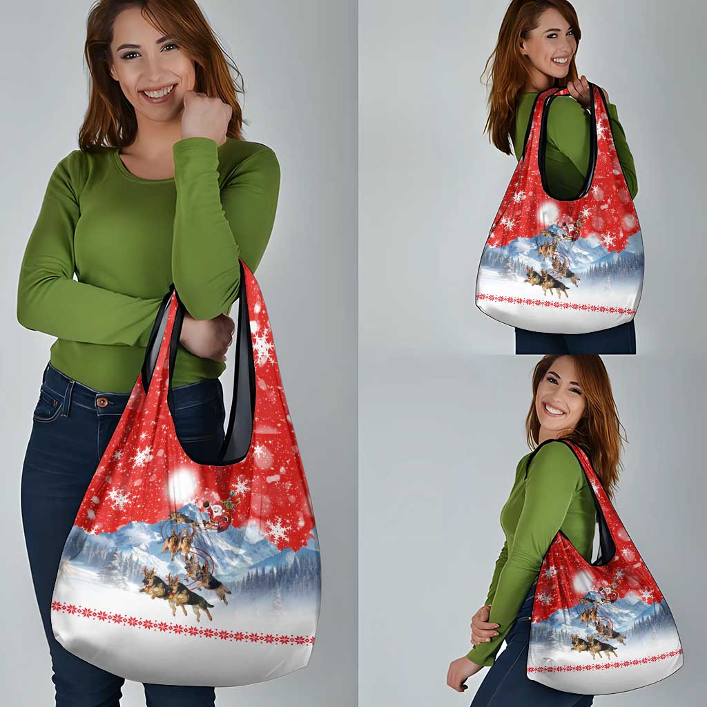 German Shepherd Christmas Grocery Bag with Santa Sleigh Ride and Snowy Mountain Design - Wonder Print Shop