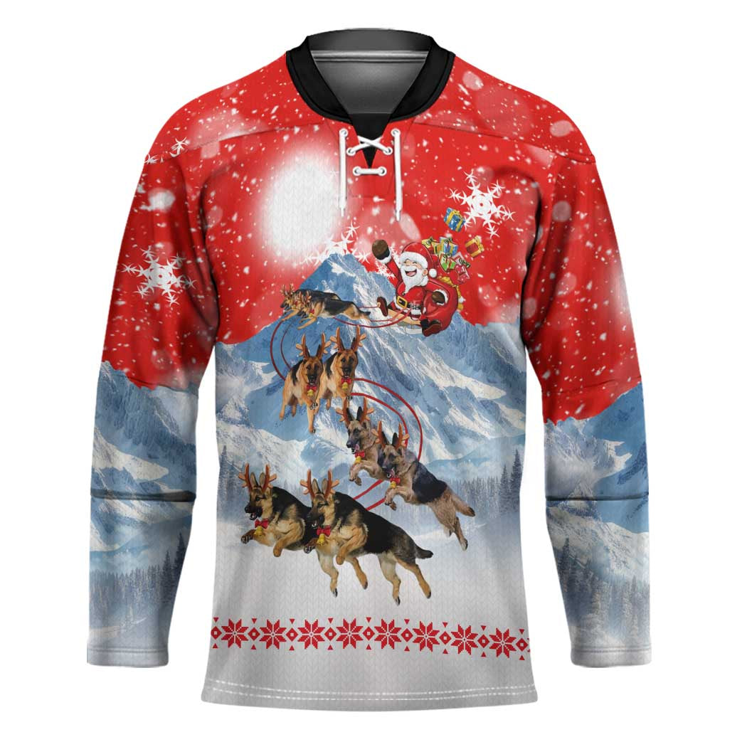 German Shepherd Christmas Hockey Jersey with Santa Sleigh Ride and Snowy Mountain Design - Wonder Print Shop