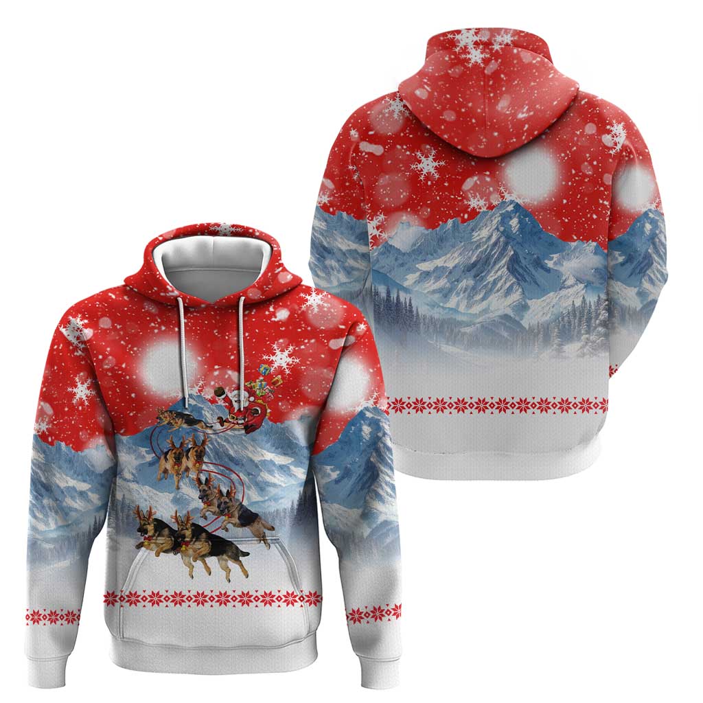 German Shepherd Christmas Hoodie with Santa Sleigh Ride and Snowy Mountain Design - Wonder Print Shop