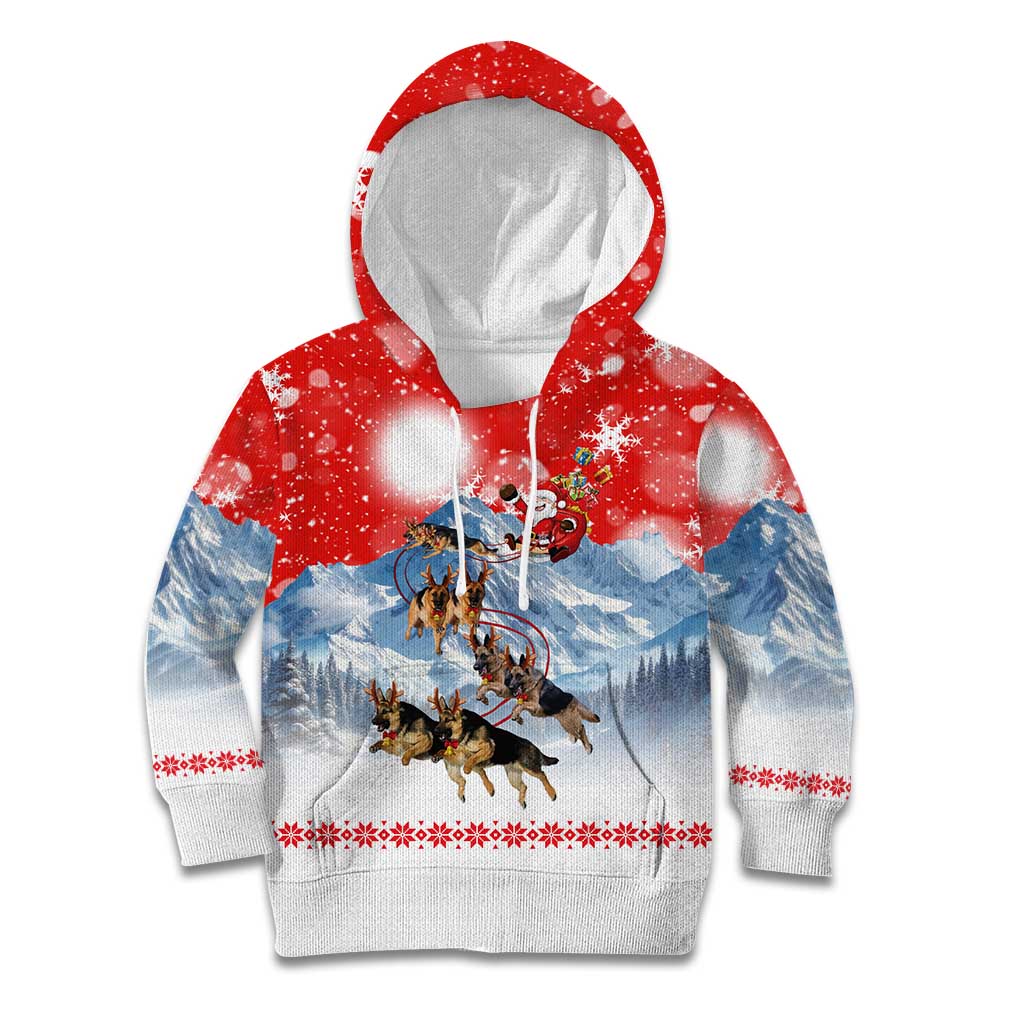 German Shepherd Christmas Kid Hoodie with Santa Sleigh Ride and Snowy Mountain Design - Wonder Print Shop
