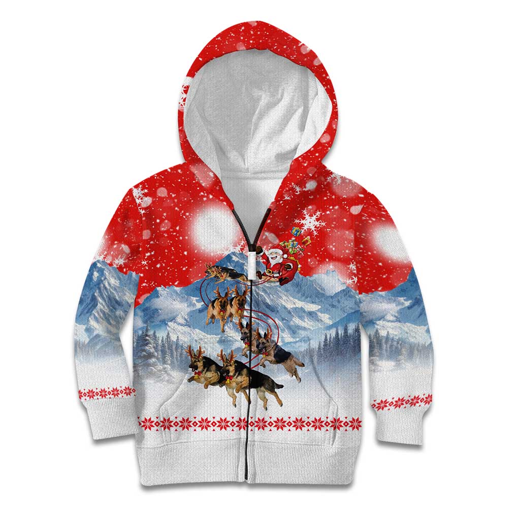German Shepherd Christmas Kid Hoodie with Santa Sleigh Ride and Snowy Mountain Design - Wonder Print Shop