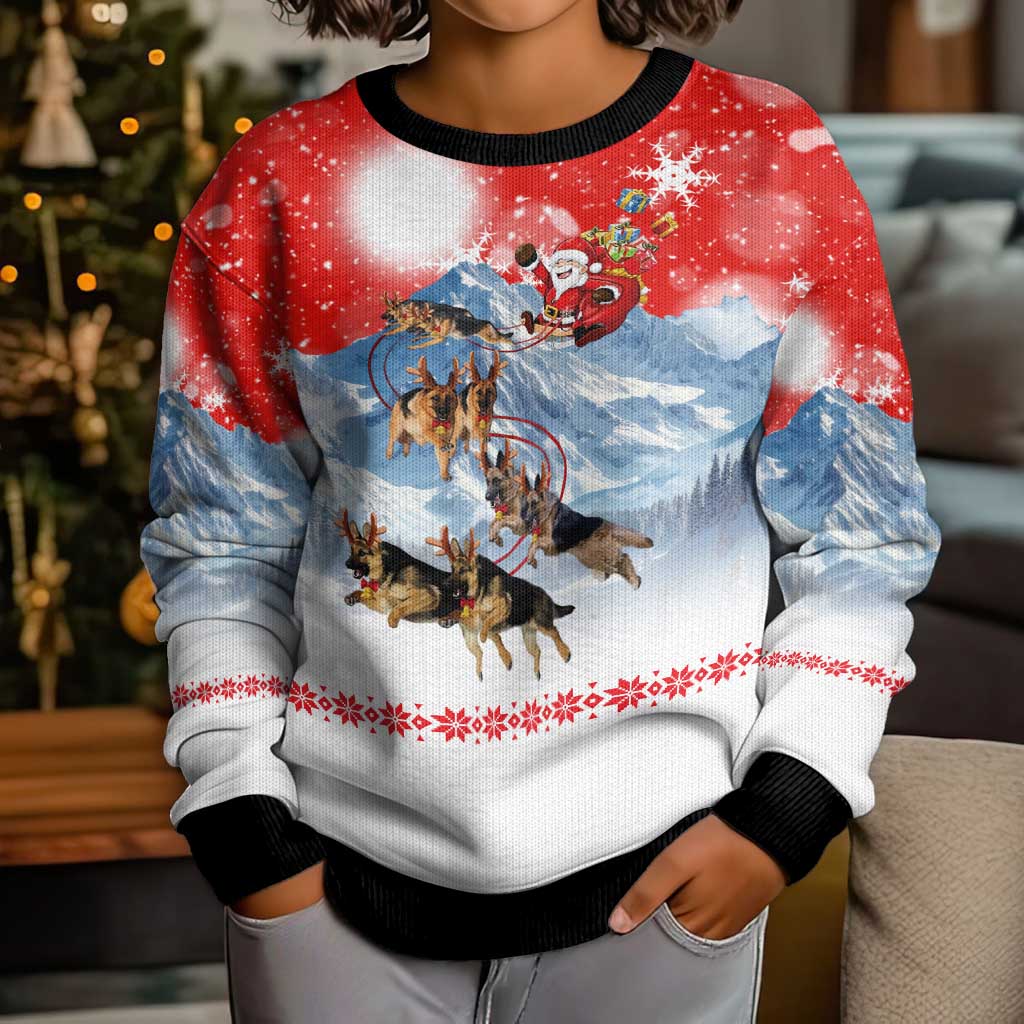 German Shepherd Christmas Kid Ugly Christmas Sweater with Santa Sleigh Ride and Snowy Mountain Design - Wonder Print Shop