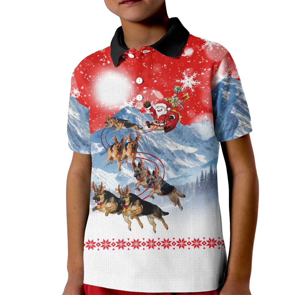 German Shepherd Christmas Kid Polo Shirt with Santa Sleigh Ride and Snowy Mountain Design - Wonder Print Shop