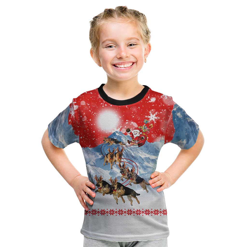 German Shepherd Christmas Kid T Shirt with Santa Sleigh Ride and Snowy Mountain Design - Wonder Print Shop
