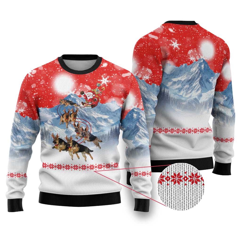German Shepherd Christmas Ugly Christmas Sweater with Santa Sleigh Ride and Snowy Mountain Design - Wonder Print Shop