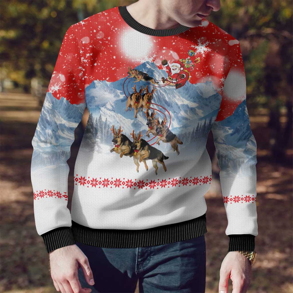 German Shepherd Christmas Ugly Christmas Sweater with Santa Sleigh Ride and Snowy Mountain Design - Wonder Print Shop