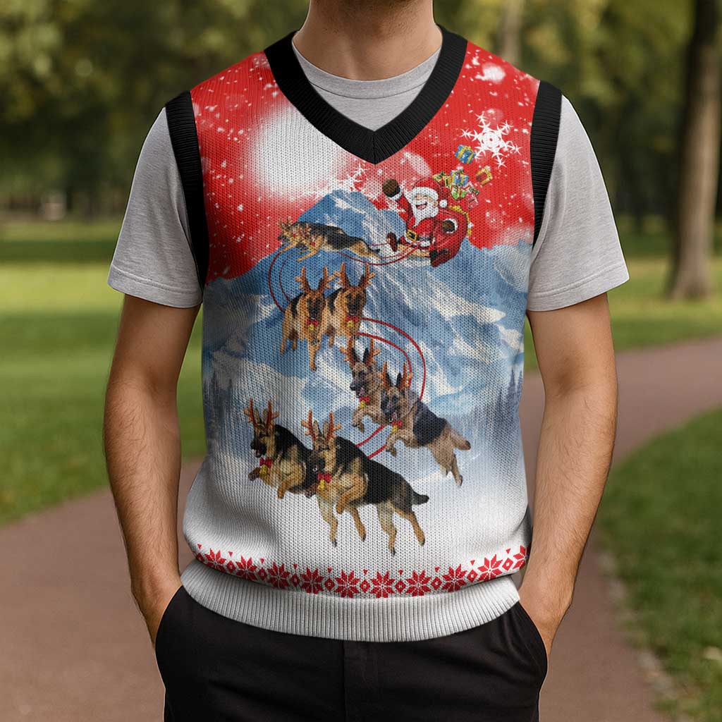 German Shepherd Christmas Knitted V-Neck Vest with Santa Sleigh Ride and Snowy Mountain Design - Wonder Print Shop