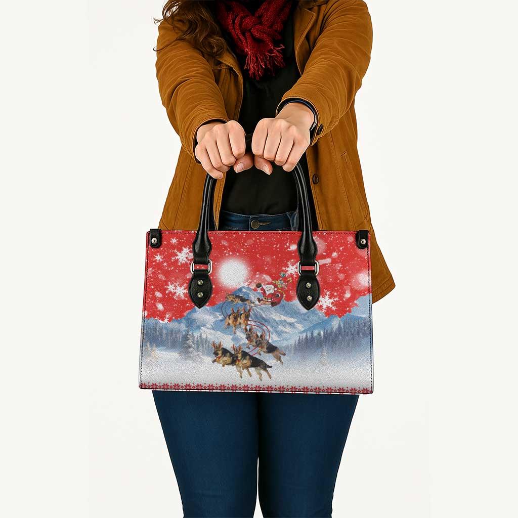 German Shepherd Christmas Leather Bag with Santa Sleigh Ride and Snowy Mountain Design - Wonder Print Shop