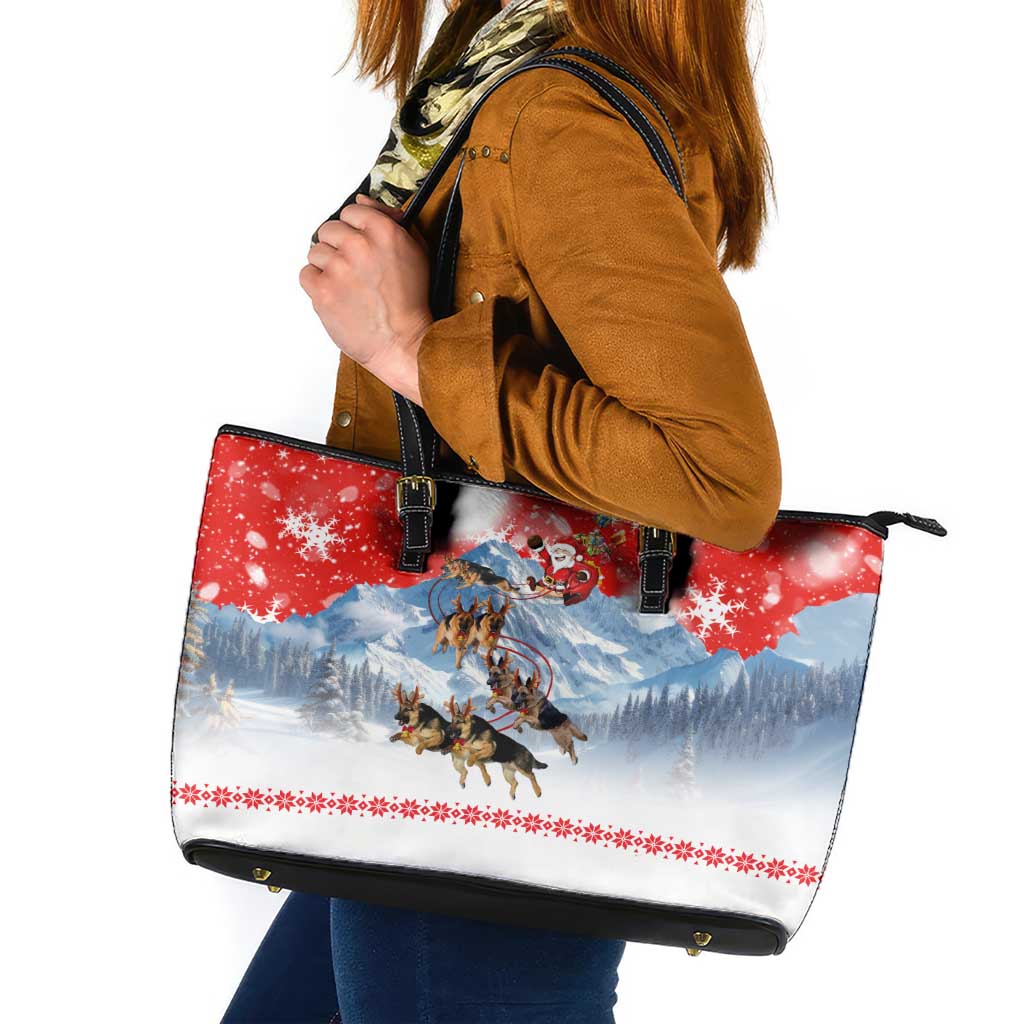 German Shepherd Christmas Leather Tote Bag with Santa Sleigh Ride and Snowy Mountain Design - Wonder Print Shop