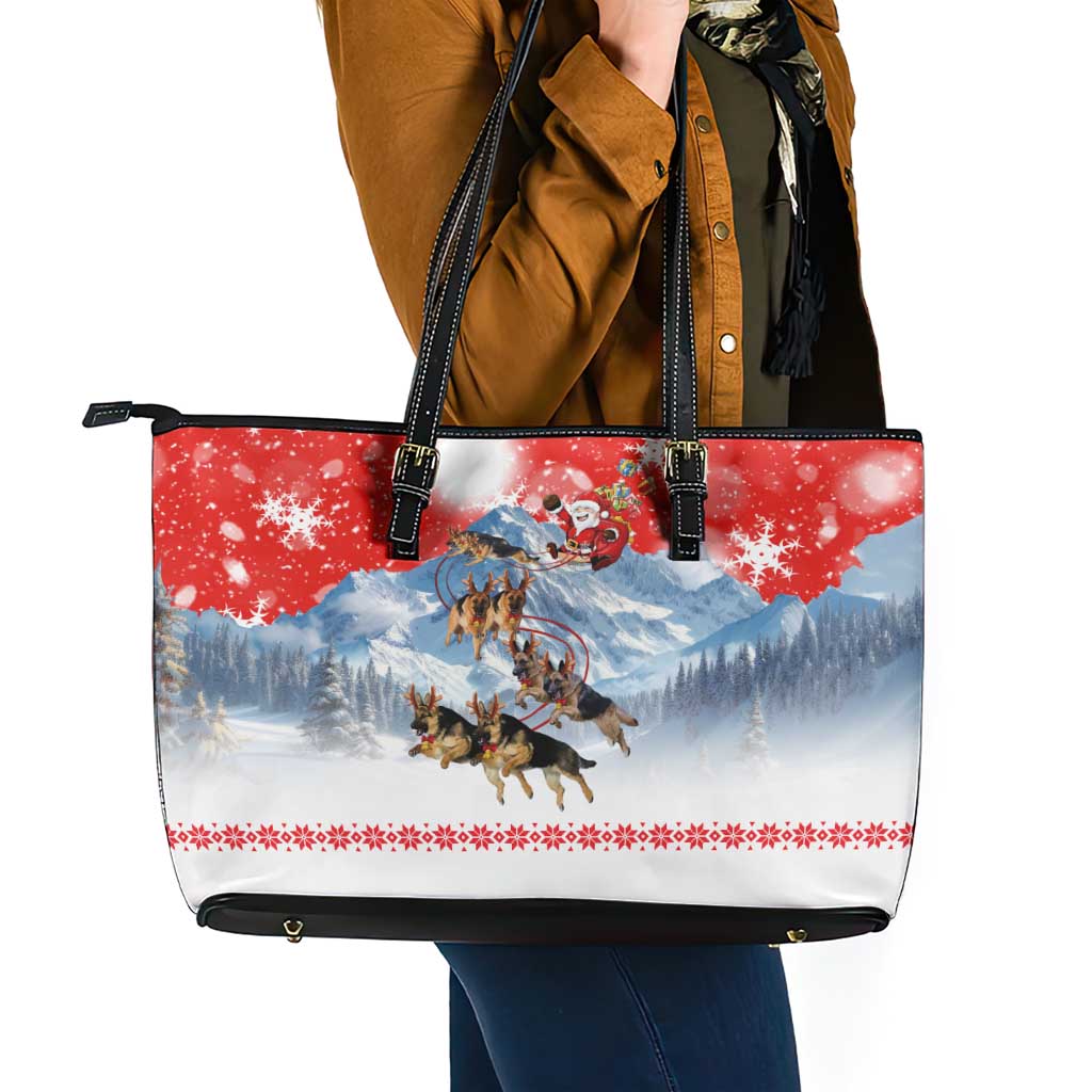 German Shepherd Christmas Leather Tote Bag with Santa Sleigh Ride and Snowy Mountain Design - Wonder Print Shop